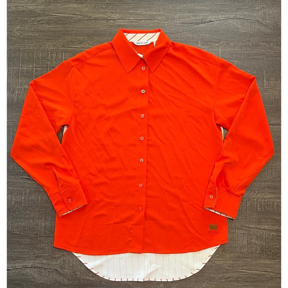 Peace Love World Women's Relaxed Woven Button Up Shirt, Orange, Size XXS - Picture 3 of 11